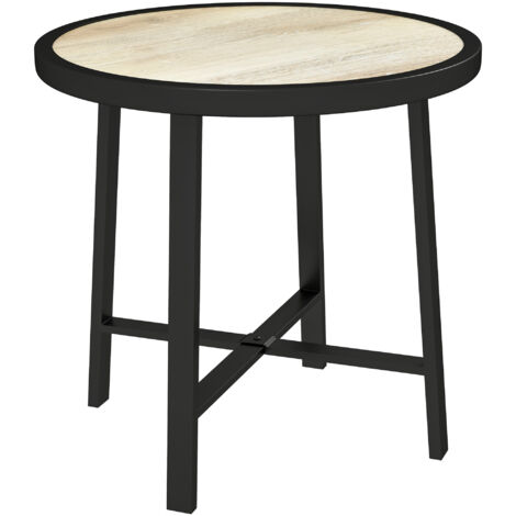 Round Small Garden Table, 50.5cm Outdoor Side Table with SPC Tabletop, Metal Frame and Anti-slip Foot Pads for Garden, Balcony, Nature Wood Finish
