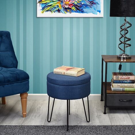 main image of "Round Storage Ottoman Stool Blue linen With Hairpin Legs - Blue"