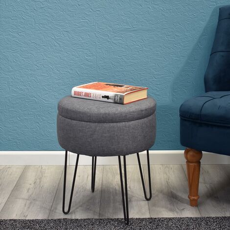 main image of "Round Storage Ottoman Stool Grey linen With Hairpin Legs - Grey"