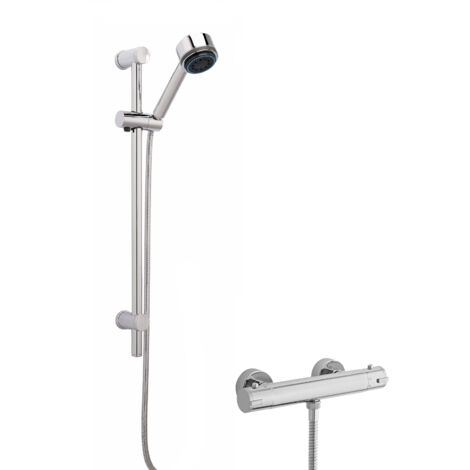 Round Thermostatic Minimalist Bar Valve and Brass Multi Function Handset Slider Rail Kit Shower Bundle - Chrome - Balterley