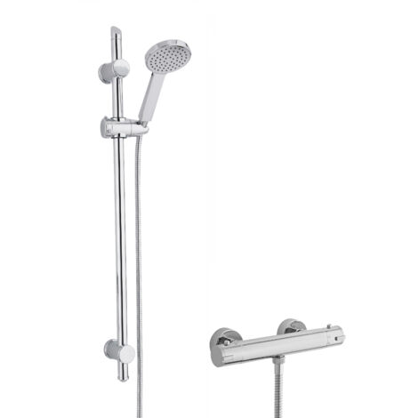Round Thermostatic Minimalist Bar Valve and Water Saving Handset Slider Rail Kit Shower Bundle - Chrome - Balterley