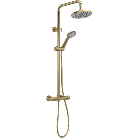 Round Thermostatic Shower Kit with Fixed Head & Adjustable Handset - Brushed Brass