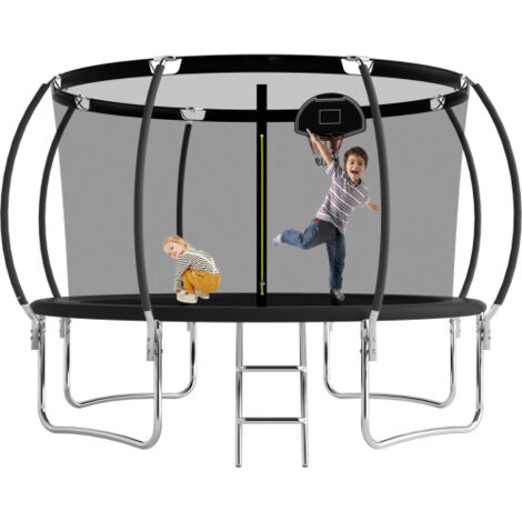 Round Trampoline 12FT Outdoor Trampoline With Basketball Hoop, Garden Trampoline With Safety Net & Ladder, Available For Toddlers And Adults, Up to 150kg