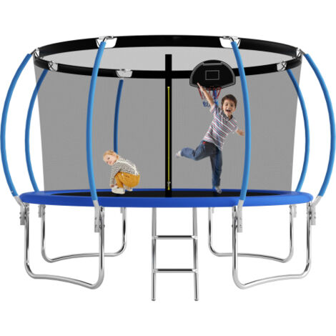 Round Trampoline 12FT Outdoor Trampoline With Basketball Hoop, Garden Trampoline With Safety Net & Ladder, Available For Toddlers And Adults, Up to 150kg