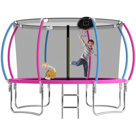 Round Trampoline 12FT Outdoor Trampoline With Basketball Hoop, Garden Trampoline With Safety Net & Ladder, Available For Toddlers And Adults, Up to 150kg