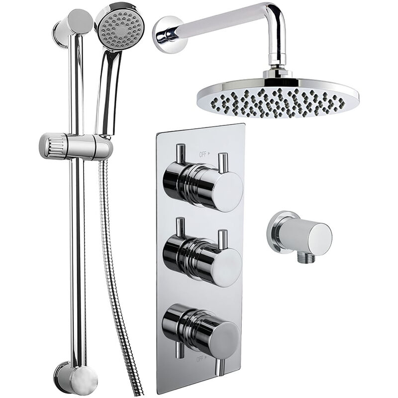 Round Twin Head Wall Concealed Thermostatic Shower Valve Set with Riser Kit - Chrome