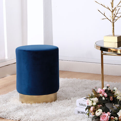 Round Velvet Footstool Footrest Pouffe Stool Ottoman Bedroom Seat Gold Colour Base, Blue