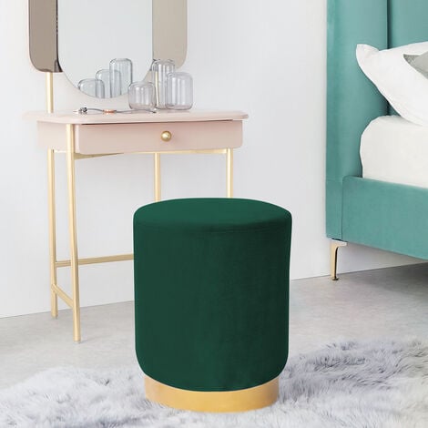 Round Velvet Footstool Footrest Pouffe Stool Ottoman Bedroom Seat Gold Colour Base Green