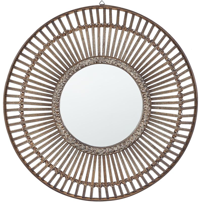 Beliani - Round Wall Mirror Dark Wood Bamboo Frame 66 Cm Handmade Weave Blasito
