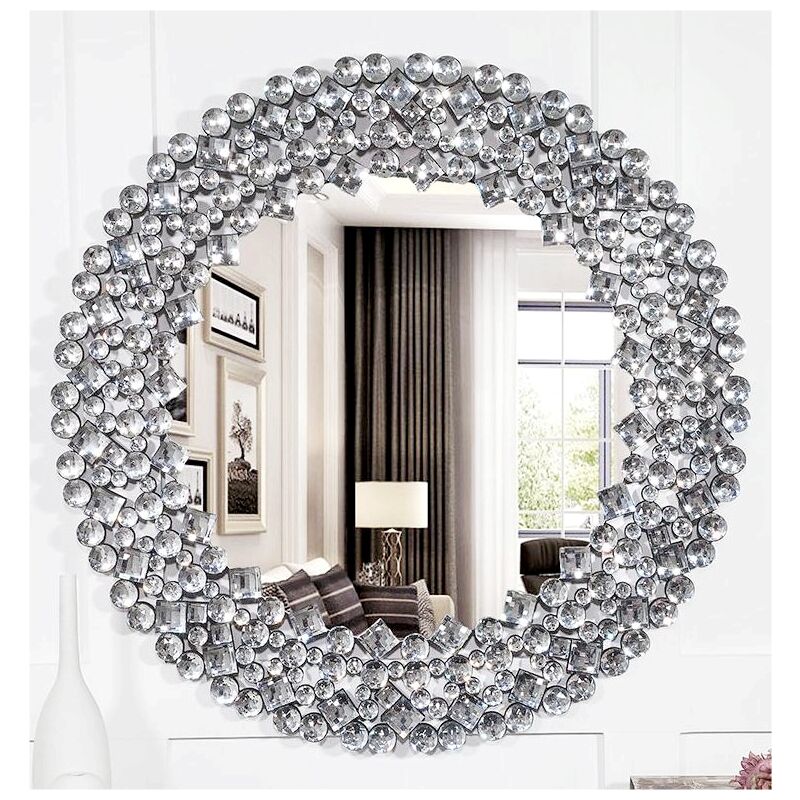 Shyfoy - Miroir mural rond, magnifique miroir mural en pierres précieuses surdimensionnées, miroir d'accent décoratif, chic et brillant, décoration