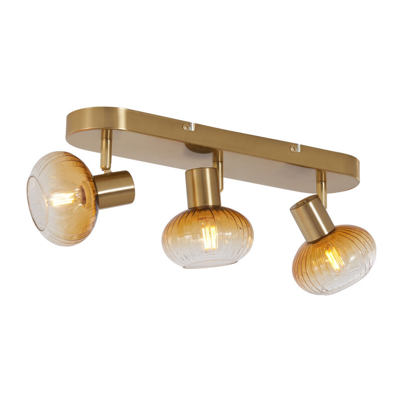 Qazqa Rounded Ceiling Spotlight Gold With Amber Glass 3-light - Teddy