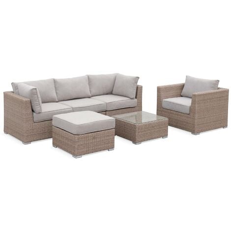 Rounded polyrattan garden sofa set - VINCI - Natural, beige cushions - 5 seats