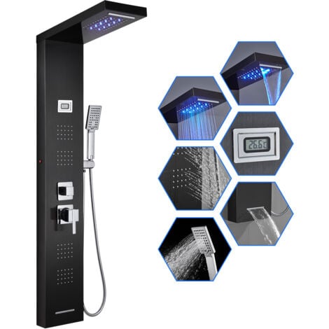 ROVOGO 7 Fonctions Panneau Colonne de Douche Hydromassante (Lumières LED, Pluie, Cascade, Jets de Massage, Douchette, Bec Bain Déverseur et Affichage de la Température), Acier Inoxydable 304, Noir
