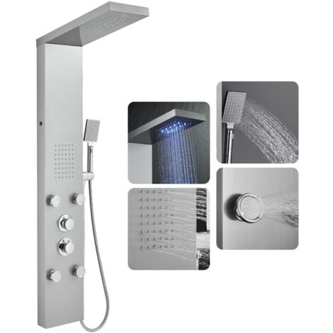 ROVOGO Brossée Acier Inox Colonne Panneau de Douche Thermostatique Hydromassante avec LED pour la Salle de Bain, 4 Modes - Douche de Pluie, 2 Types Jets de Massage et Douchette à Main, Montage Mural