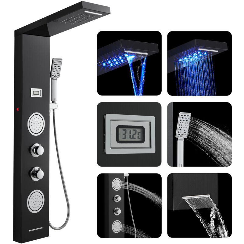 Colonne de Douche Hydromassante Noir avec Mitigeur et Affichage de la Température, Panneau de Douche en Acier Inox avec Cascade, Douche de Pluie,