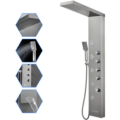 Rovogo – Colonne de douche hydromassante 4 jets – Douche pluie, jets de massage, douchette, bec de baignoire – Acier inoxydable 304 brossé – 123x50x20 cm