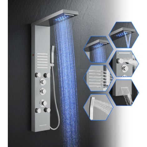ROVOGO Colonne Panneau de Douche Thermostatique Hydromassante avec LED, 5 Modes - Pomme de Douche Cascade et Pluie, 2 x Jets de Massage, Douchette à Main et Bec de Baignoire, Brossée Acier Inox 304