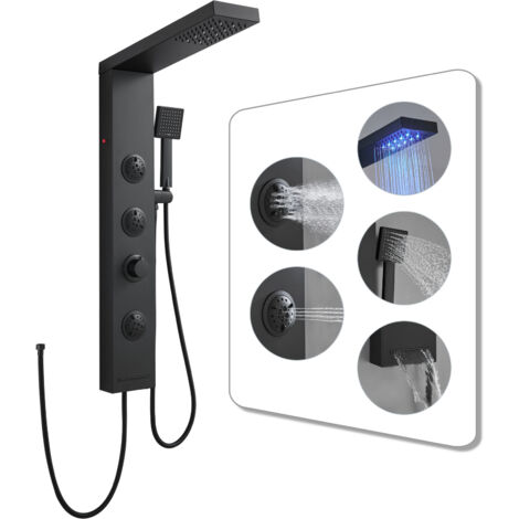 ROVOGO Komplett Schwarze Duschpaneel ohne Armatur, 4 in 1 Duschpaneele mit LED, 2 Strahlarten Massagedusche, Regendusche, Handbrause und Wanneneinlauf für Badezimmer, Wandmontage Edelstahl Duschsäule