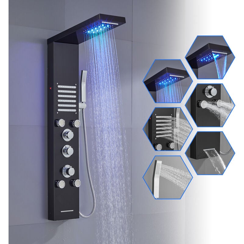 Rovogo - led Duschpaneel mit Thermostat, Duschsäule mit Regenfall Wasserfall Duschkopf, 5 Massagedüsen, Handbrause und Wanneneinlauf, Edelstahl