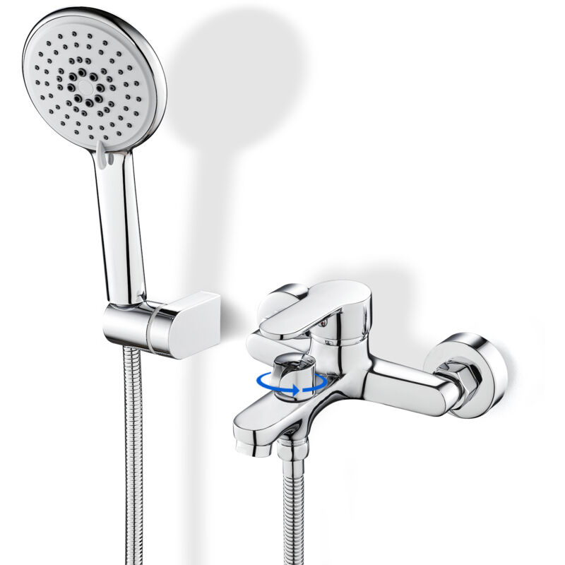 Robinet Mitigeur Baignoire avec Douchette 5 Modes, 150cm Flexible de Douche et Support, Montage Mural Robinet Douche avec Inverseur Rotatif Amélioré