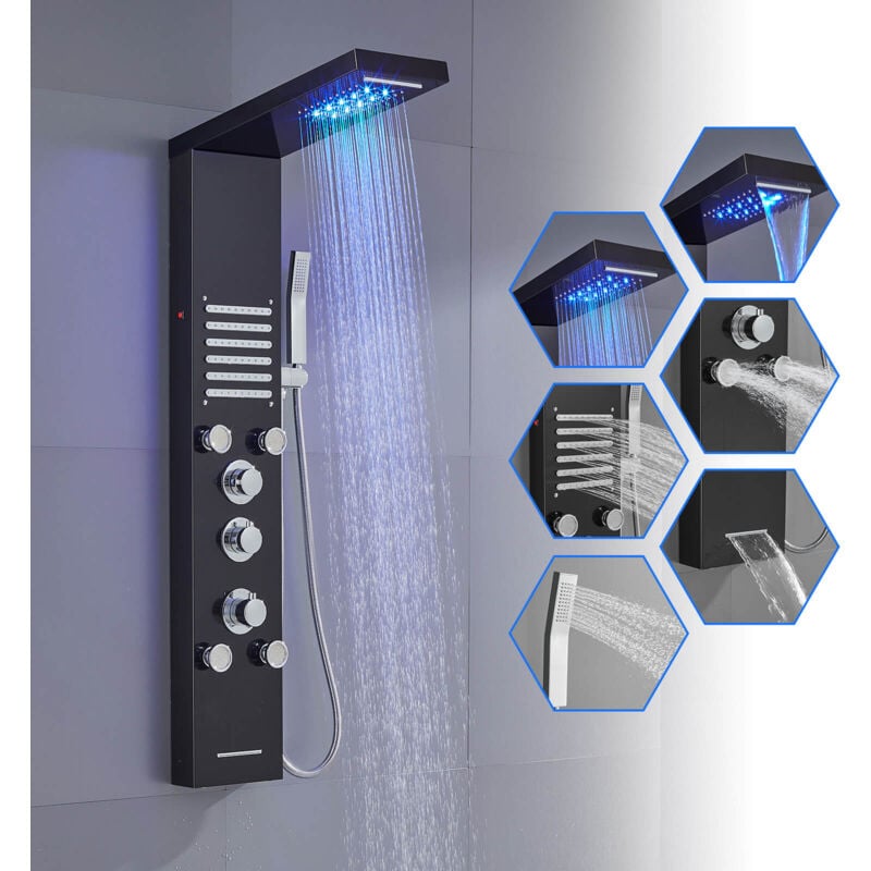 Noir Colonne Panneau de Douche Thermostatique Hydromassante avec led, 5 Modes - Pomme de Douche Cascade et Pluie, 2 x Jets de Massage, Douchette à