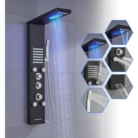 ROVOGO Colonne Panneau de Douche Thermostatique Hydromassante avec LED, 5 Modes - Pomme de Douche Cascade et Pluie, 2 x Jets de Massage, Douchette à Main et Bec de Baignoire, Brossée Acier Inox 304