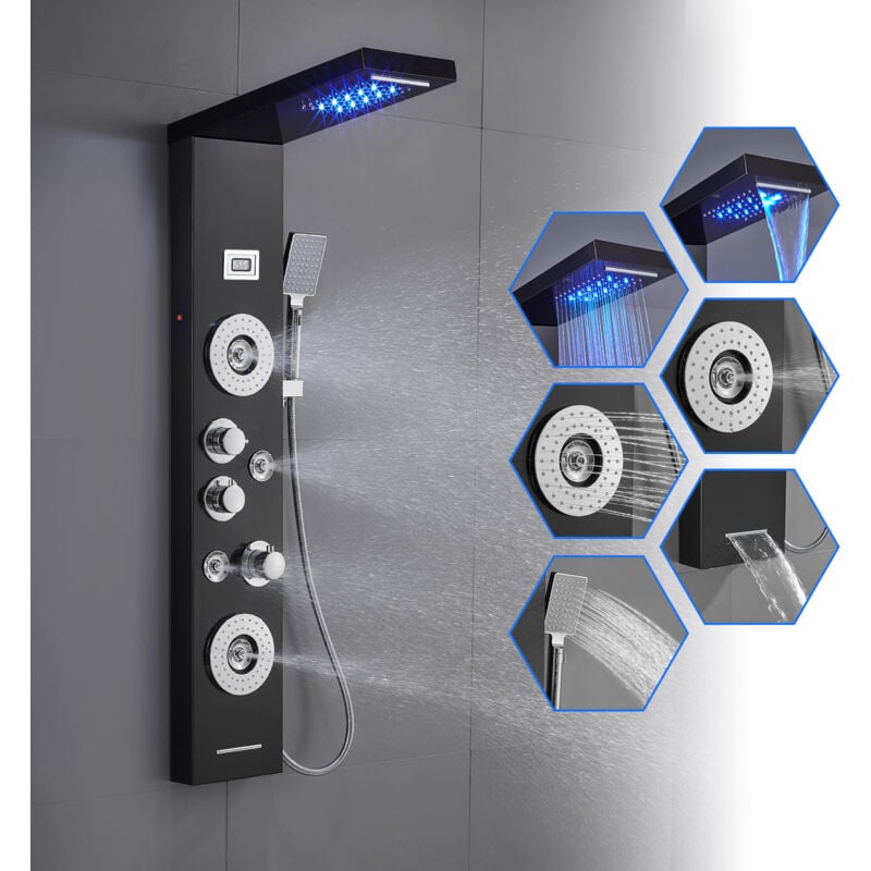 Panneau Colonne de douche hydromassante, 7 fonctions (Lumières led, Pluie, Cascade, Jet de Massages, Douchette, Bec Bain déverseur et Affichage de la