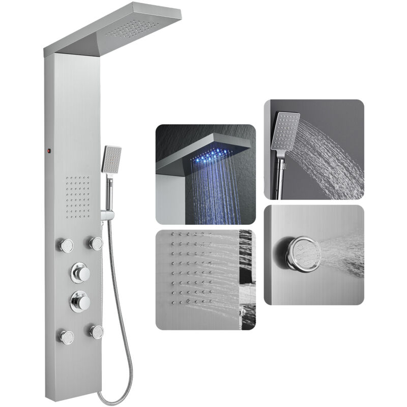 Rovogo - Brossée Acier Inox Colonne Panneau de Douche Thermostatique Hydromassante avec led pour la Salle de Bain, 4 Modes - Douche de Pluie, 2 Types