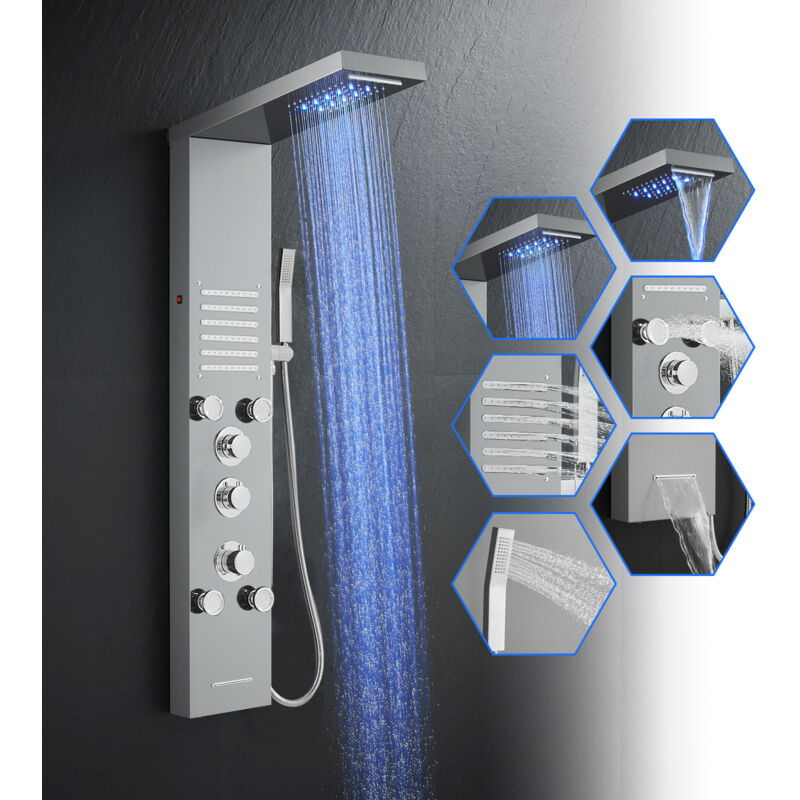 ROVOGO Colonne Panneau de Douche Thermostatique Hydromassante avec LED, 5 Modes - Pomme de Douche Cascade et Pluie, 2 x Jets de Massage, Douchette à