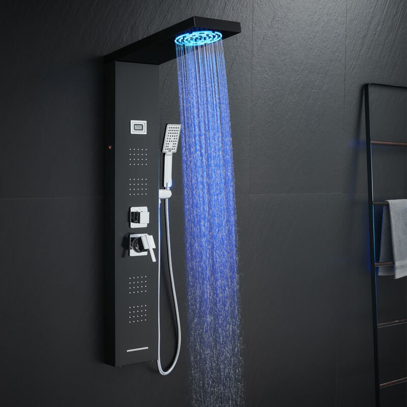 Colonne Panneau de Douche Hydromassante Noir avec led et Affichage de la Température, 4 Modes - Pomme de Douche Pluie, Jet de Massage, Douchette à