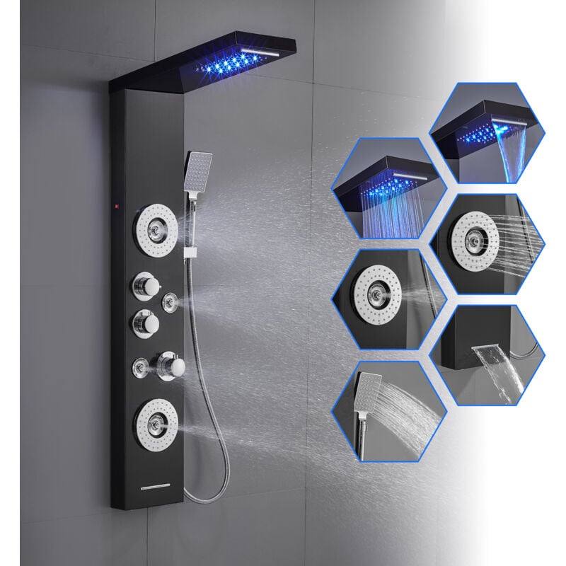 Panneau Colonne de douche thermostatique hydromassante, 6 fonctions ( Lumières led, Pluie, Cascade, Jet de Massages, Douchette et Bec Bain déverseur