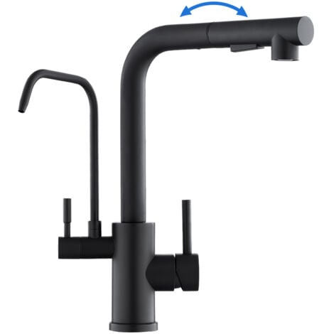 ROVOGO Robinet Cuisine Noir, acier inox Mitigeur Cuisine avec douchette extractible, Robinet Filtre à eau 3 voies avec 2 poignées pour eau chaude, froide et potable, Pivotant à 360°, bec en L