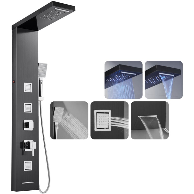 ROVOGO Colonne Panneau de Douche Hydromassante Noir avec LED, 5 Modes - Pomme de Douche Cascade et Pluie, Jets de Massage, Douchette à Main et Bec de
