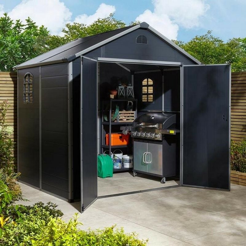 Rowlinson - Airevale 8x6 Dark Grey Apex Shed Plastic Garden Storage Lockable