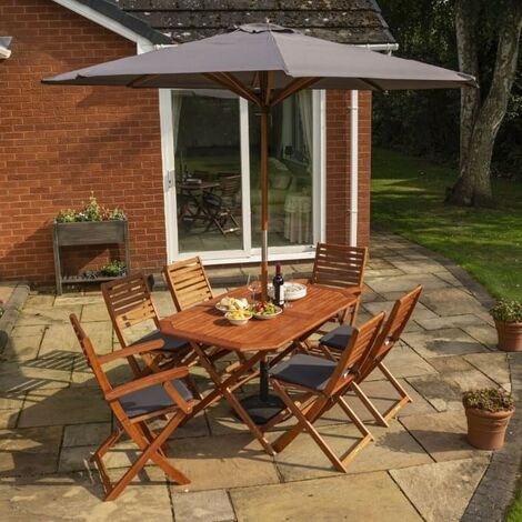Rowlinson Plumley Wooden Dining Table Chairs Set 6 Seater Grey & Parasol