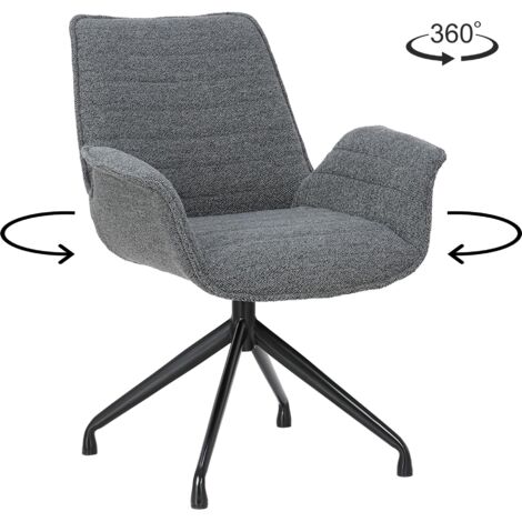 ROXANE - Chaise pivotante tissu bouclette gris foncé piètement en métal noir