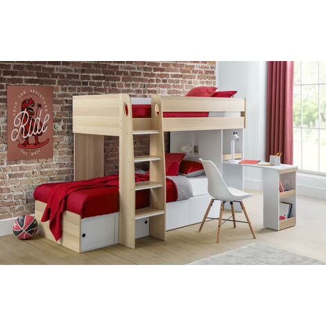Roxie Wooden Bunk Bed - Storage & Pull Out Desk - Oak & White 3ft Single 90 x 190
