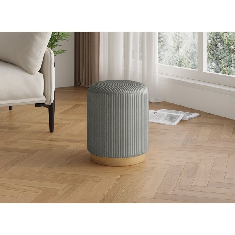 Roy - Pouf design en velours côtelé gris et bois roy