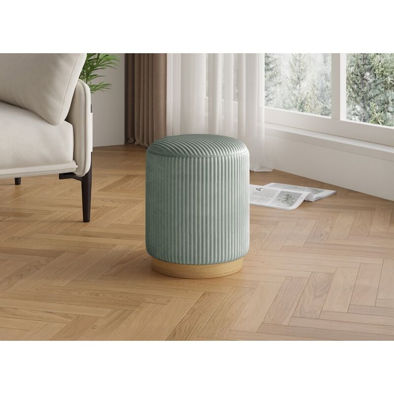 ROY - Pouf design en velours côtelé vert d'eau et bois ROY