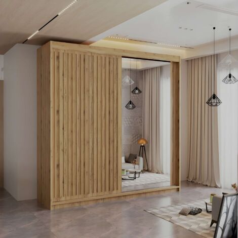 Royal 2 & 3 Door Sliding Mirror Wardrobe Modern Bedroom Storage - Oak/Oak203cm