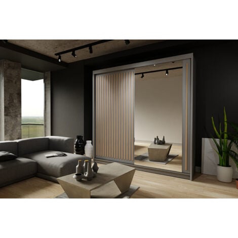 SLIDING WARDROBES 4U 2 Door Sliding Wardrobe with Mirror Modern Bedroom 203cm - Grey with Oak Strip