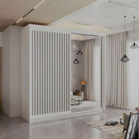 Royal 2 Door Sliding Wardrobe with Mirror Modern Bedroom 203cm - White with Grey Strip