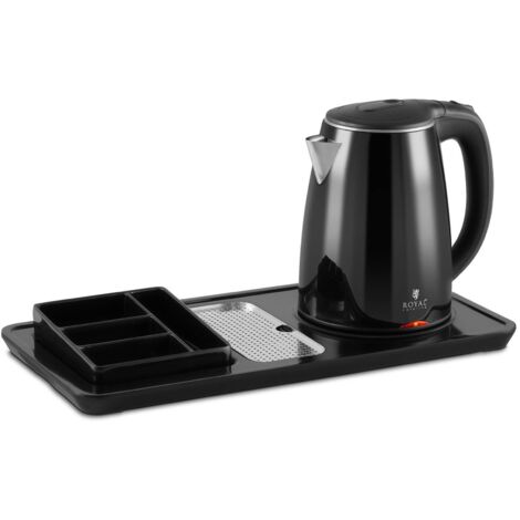 Royal Catering – Plateau de courtoisie hôtel 1,2 l – Bouilloire électrique 1800 W – Acier inoxydable – Compartiments pour sachets et cuillères