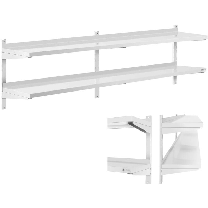 Royal Catering - tagère Murale Flottante Métal Inox Cuisine 2 Tablettes 200x40x3,5cm Max. 40kg
