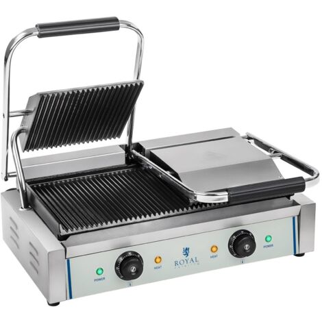 Royal Catering – Grille de contact double face rainurée – Plaques en fonte émaillée pour cuisson efficace – 2 x 1800W – Température jusqu'à 300°C