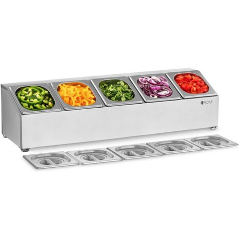 Royal Catering – Support à bacs GN 1/6 en acier inoxydable – Lot de 5 bacs et couvercles – Capacité totale 11 l – Dimensions 85,3 x 25 x 22 cm