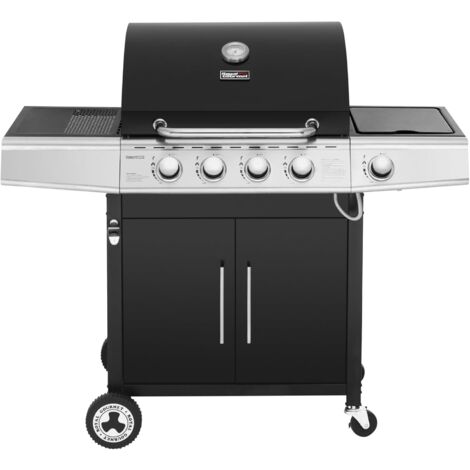 Royal Gourmet – Barbecue à gaz 4+1 brûleurs inox 14,5 kW – Thermomètre intégré – 2 tables d’appoint – Roues directionnelles – Noir