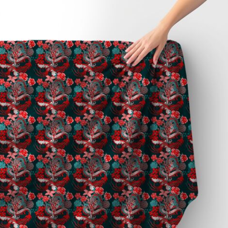 Royal Samt Stoff Polyester Zum Nähen - Motiv Drache und Phönix in Blumen