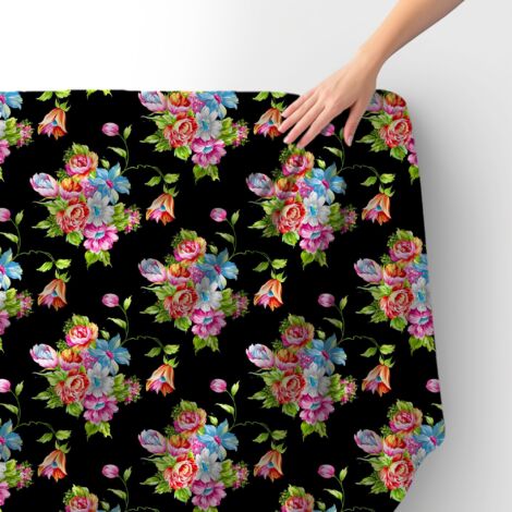 Royal Samt Stoff Polyester Zum Nähen - Motiv Sträuße auf einem schwarzen