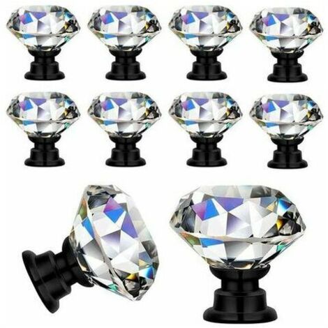 royaluxe -10 Pièces Poignées Boutons de porte Transparent Diamant Cristal Verre Portes Meuble Tiroir Placard Décoration Avec Vis Poignée de meuble，30mm (10PCs, Noir)